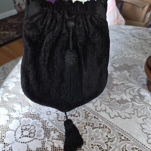 Vintage Black Velvet Tassel Evening Bag Drawstring Pouch Purse